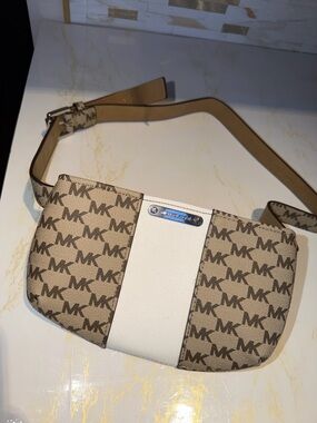 Michael Kors Beige and White MK Monogram Crossbody Wristlet